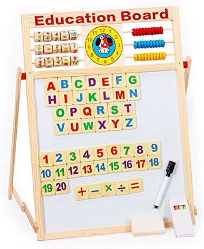 7 In 1 Magnetic White Board Black Board Dry Erase Board with Word 51 PCS Wooden Magnets Letters Numbers Words Chalk Pen for Education Drawing Writing Tablet (2 Sided) (Children's Easels)