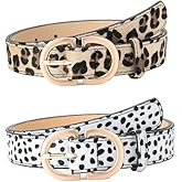 COTIM COYIN 2 Pack Women's Fashion Leather Belt with Gold Buckle, Leopard Print Design Waist Belts for Jeans Dresses Pants