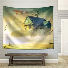The House in The Clouds Hovering Above The Ground - Fabric Wall Tapestry Home Decor - 51x60 inches