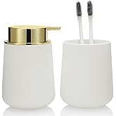 YAUKPH White and Gold Bathroom Accessories 2 Piece Set Plastic Soap Dispenser and Toothbrush Holder for Modern Bathroom Decor