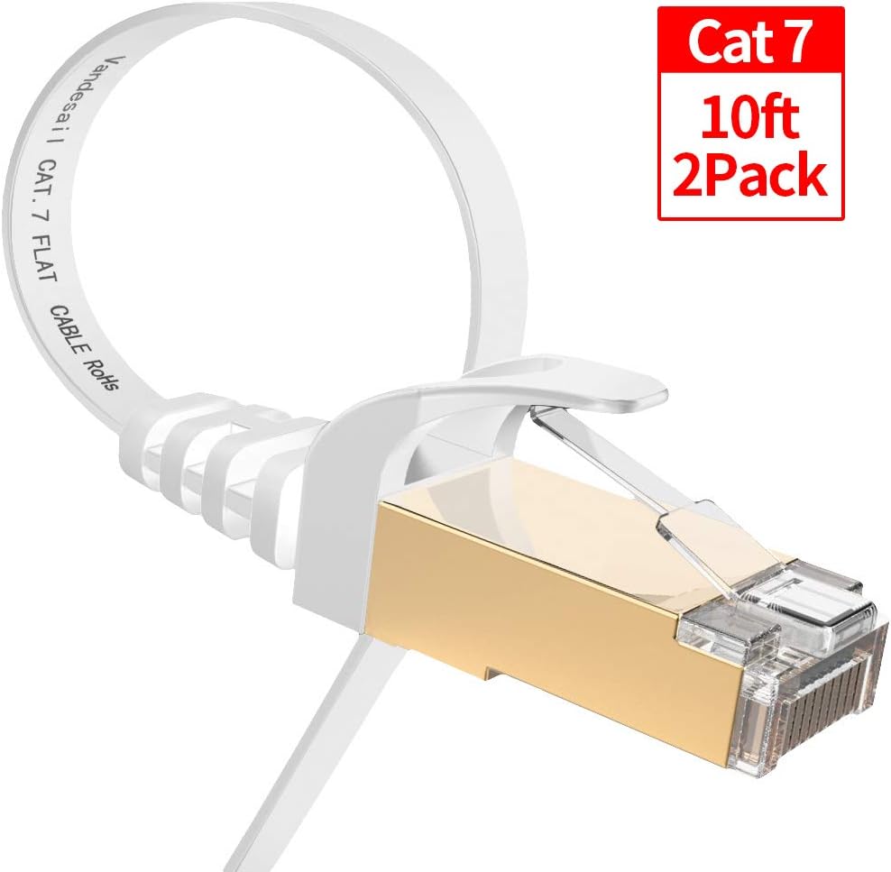 2Pack VANDESAIL Cat7 Ethernet Cable 10FT Triple Shielded, Solid Flat Internet Network Computer Patch Cord, Faster Than Cat6/Cat5 Network, Cat7 High Speed LAN Wire with RJ45 for Router, Modem, Gaming
