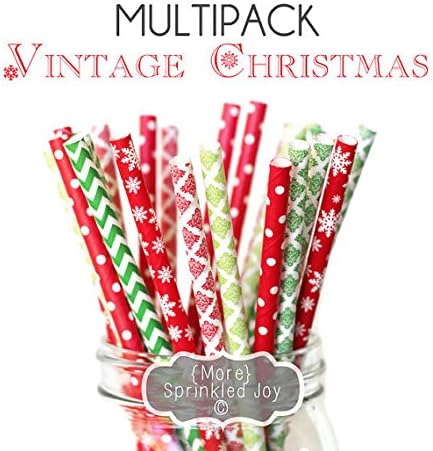 Designer Durable Disposable Drinking Paper Straws (25) Vintage Christmas