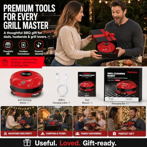 Grill Cleaning Robot, Electric Grill Brush with 4 Heads, 304 Stainless Steel Rotary Brush, Cordless Rechargeable BBQ Cleaner, 150Mins Runtime, 380 RPM, Automatic Grill Cleaner for Outdoor Grill, Red