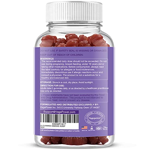 VEGEPOWER Immune Sleep Gummy - Melatonin & Elderberry, Echinacea, L-theanine, Lemon Balm, Zinc, Vitamin C, Immune and Sleep Support for Adults, Vegan - Rasp Flavor, 60 Bears