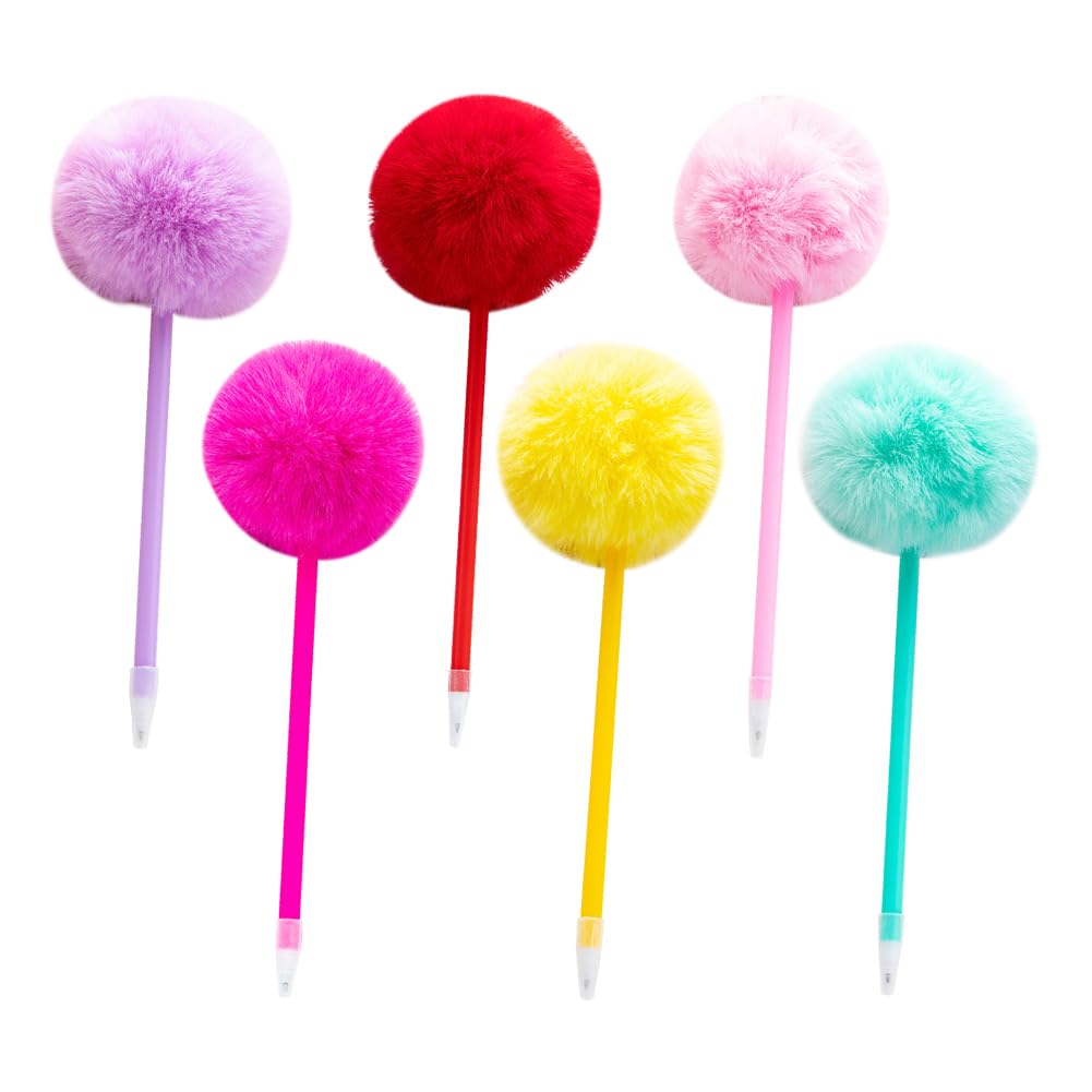 HugeDE 6 Pcs Pom Pom Ballpoint Pens Fluffy Pom Ball Pens Fuzzy Pom Pom Pen Cute Plush Pens Novelty Fancy Pens