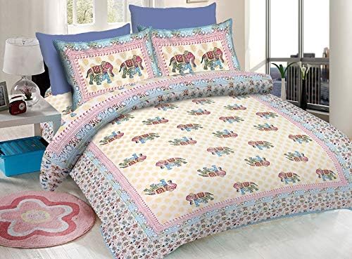 Amigos 120 TC 100% Cotton Double Bedsheet with 2 Pillow Cover Elephant Mandala Art Bedsheet Bedding Set Bed Cover Printed Bedsheet (Light Turquoise)