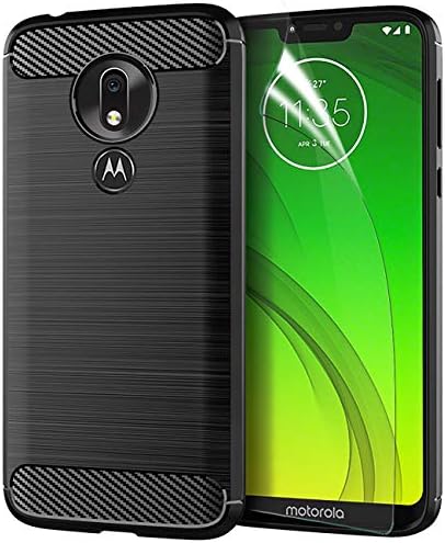 Motorola Moto G7 Power Case 2019 w/Screen Protector,Motorola Moto G7 Suqra/G7 Optimo Maxx TPU Phone Case,Dual Layer Rubber Protective Case Cover-Black