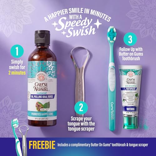 GuruNanda CocoMint Oil Pulling Mouthwash for Complete Oral Hygiene, 7 Essential Oils & Vitamins for Happy Teeth & Gums & Fresh Breath with Toothbrush & Tongue Scraper, Alcohol & Peroxide Free, 8 oz