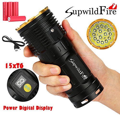 40000 LM 3 Modes 15 x XML-T6 LED Digital Display Waterproof Flashlight (Gold)