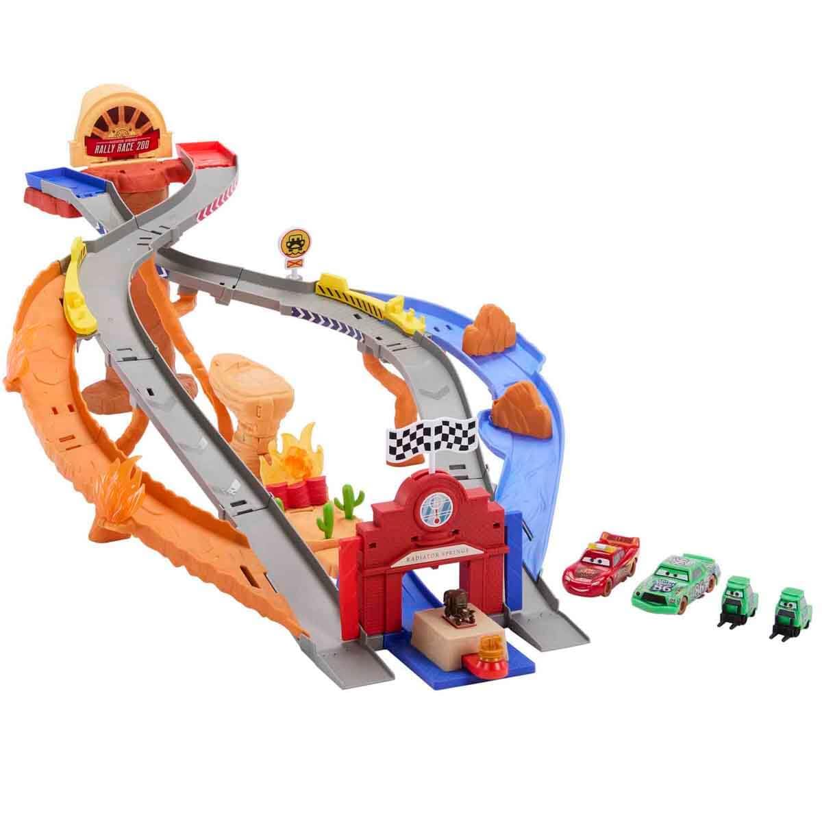 Mattel Disney and Pixar Cars Toy Playset, Lightning McQueen & Chicks Hicks & 2 Pitty Crew Vehicles, 2 Ways to Race, Race & Rescue Rescue Road Raceway, JFL57