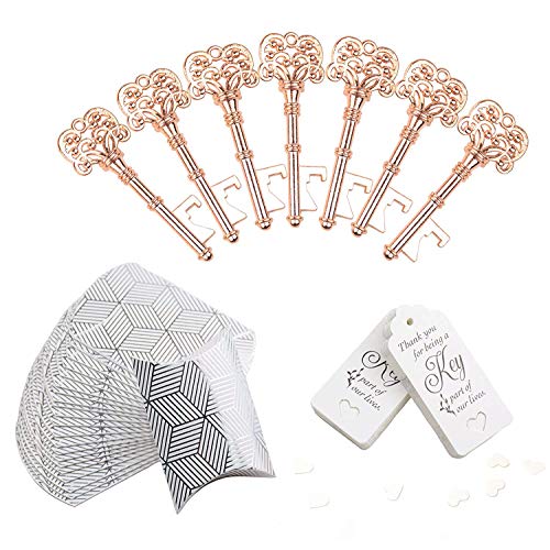 Aokbean 50pcs Wedding Favor Souvenir Gift Set Pillow Candy Box Vintage Skeleton Key Bottle Openers Escort Gift Card Thank You Tag French Ribbon (Rose Gold) - Thumbnail 2