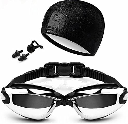 Swimming Goggles + Swim Cap + Nose Clip + Ear Plugs, Anti Fog UV Protection Swim Goggles for Adult Men Women Youth Kids Child Black
