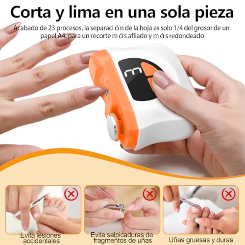 Cortauñas Electrico, 2026 nuevo 3 en 1 Cortaúñas Automático y Pulidor, 3 velocidades Cortauñas Eléctrica Ajustable Automático con Luz LED y Recargable por USB, para bebés, adultos y ancianos - Naranja