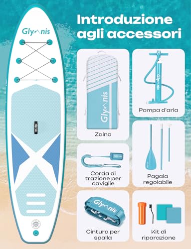 Glymnis Tavola Da SUP 320×81×15cm SUP Gonfiabile Capacità Di Carico Di 140 Kg Tavola Da Surf Stand Up Paddle Tavola SUP Con Pompa Ad Aria Pagaia Regolabile Borsa Da Trasporto
