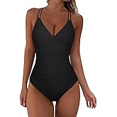 Hilor Women's Underwire One Piece Swimsuits Ruched V Neck Tummy Control Bathing Suit Criss Cross Monokini Swimwear