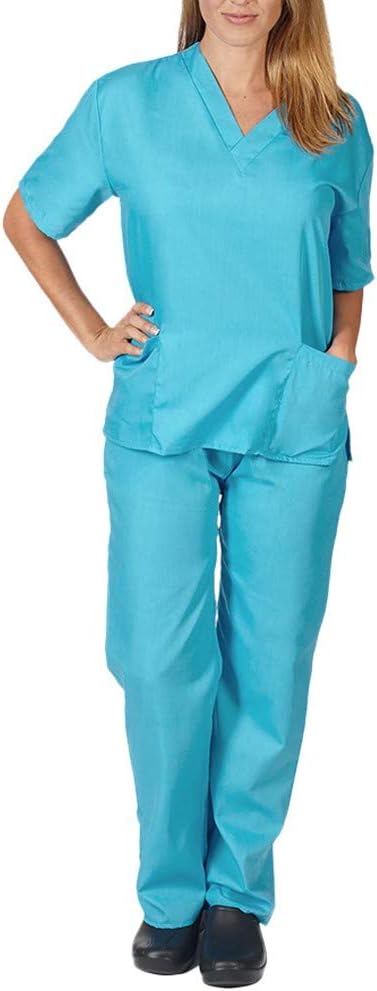 Scrub Top Tunic and Trousers, Universal Scrubs Uniform Short Sleeve V-Neck Scrubs Set Scrubs Top and Pants Nursing Working Uniform Set Suit - Unisex Fit