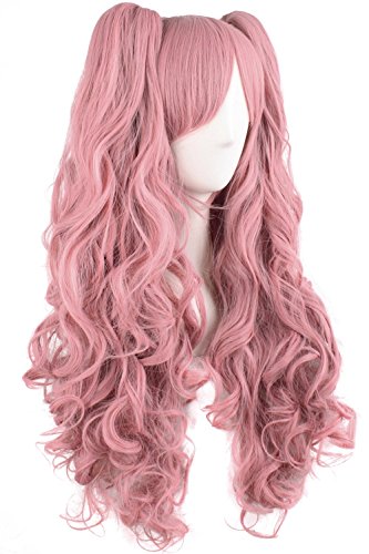 Tsnomore Long Curly Lolita Cosplay Wig junko cosplay wig + 2 clip on pigtail --Pink