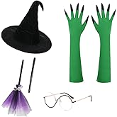 5 Pcs Adult Witch Costume Accessory Set, Elphaba Cosplay Kit with Black Witch Hat, Decorative Round Eye Frames, Witch Broom & Green Claw Gloves for Halloween Party Cosplay Stage Performance