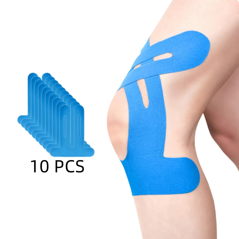 IEADEN Precut Kinesiology Tape for Knees, 10 Pcs - Knee Support & Stability, Knee Pain Relief Athletic Tape - Waterproof & Elastic, Breathable Hypoallergenic Latex-Free Tape, Blue