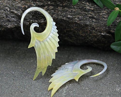 8G, High Quality Handmade Gauge Earrings - Shell Carving Body Jewelry, Mother of Pearl Angel, Seraphim Wings - 8ga