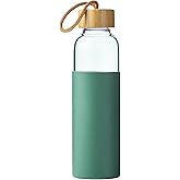 wangsdjy 21oz Glass Water Bottle with Silicone Sleeve & Bamboo Lid, BPA Free Reusable Water Bottle Glass for Gym Office Travel, Gift for Fitness Enthusiasts (Green)