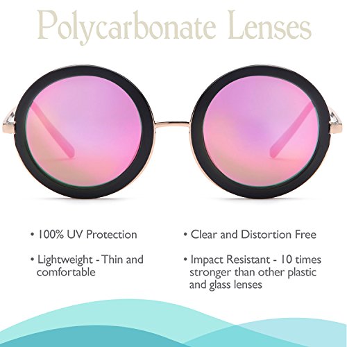 SUNLOUNGER Womens UV400 Vintage Retro Sunglasses - Mirror Pink Lens on Gold & Black Frame