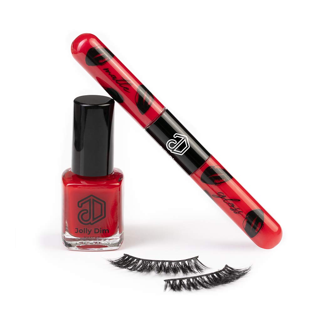 Jolly Dim by Inglot Makeup Set 1 - Matte & Gloss Lip Duo Red 1. Eyelashes Classy. Nail Polish Carmine 5