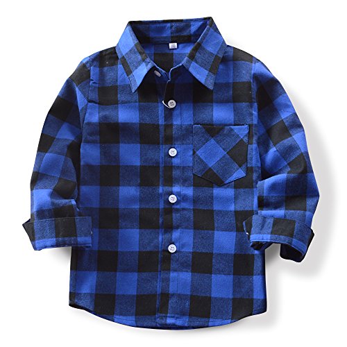 OCHENTA Hemden Jungen Langarm Plaid Kariert Freizeithemd E005 Blau Schwarz Asiatisch 150cm-(DE 144cm)
