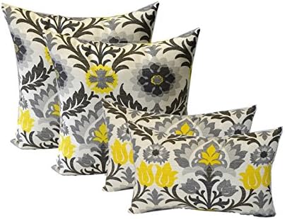 Set of 4 Indoor / Outdoor Pillows - 17" Square Throw Pillows & 11" x 19" Rectangle / Lumbar Decorative Throw Pillows - Yellow, Gray, Black Ornate Floral