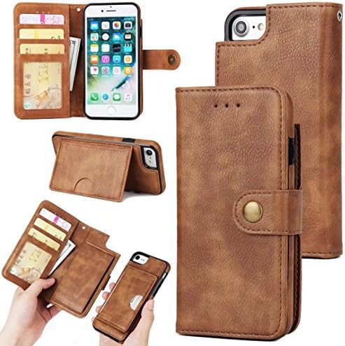 iPhone7 Detachable Case,Zmiq Removable Wallet Phone Case,Double Layer Shock Absorbing Premium Soft PU Color Matching Leather Wallet Cover Flip Cases For iPhone7 iPhone8 (Iphone7 Yellow EHY)