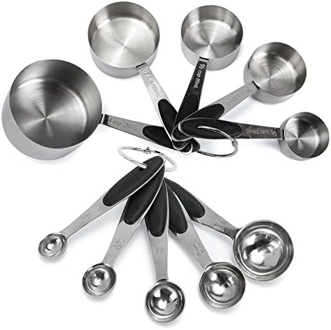 Premium Stainless Steel Measuring Cups and Spoons Set By Koppu - 10 Piece Stackable / Collapsible Measuring Kit - Engraved Measurement Handles - Suitable For Dry &amp; Liquid Ingredients - 100% Non Toxic