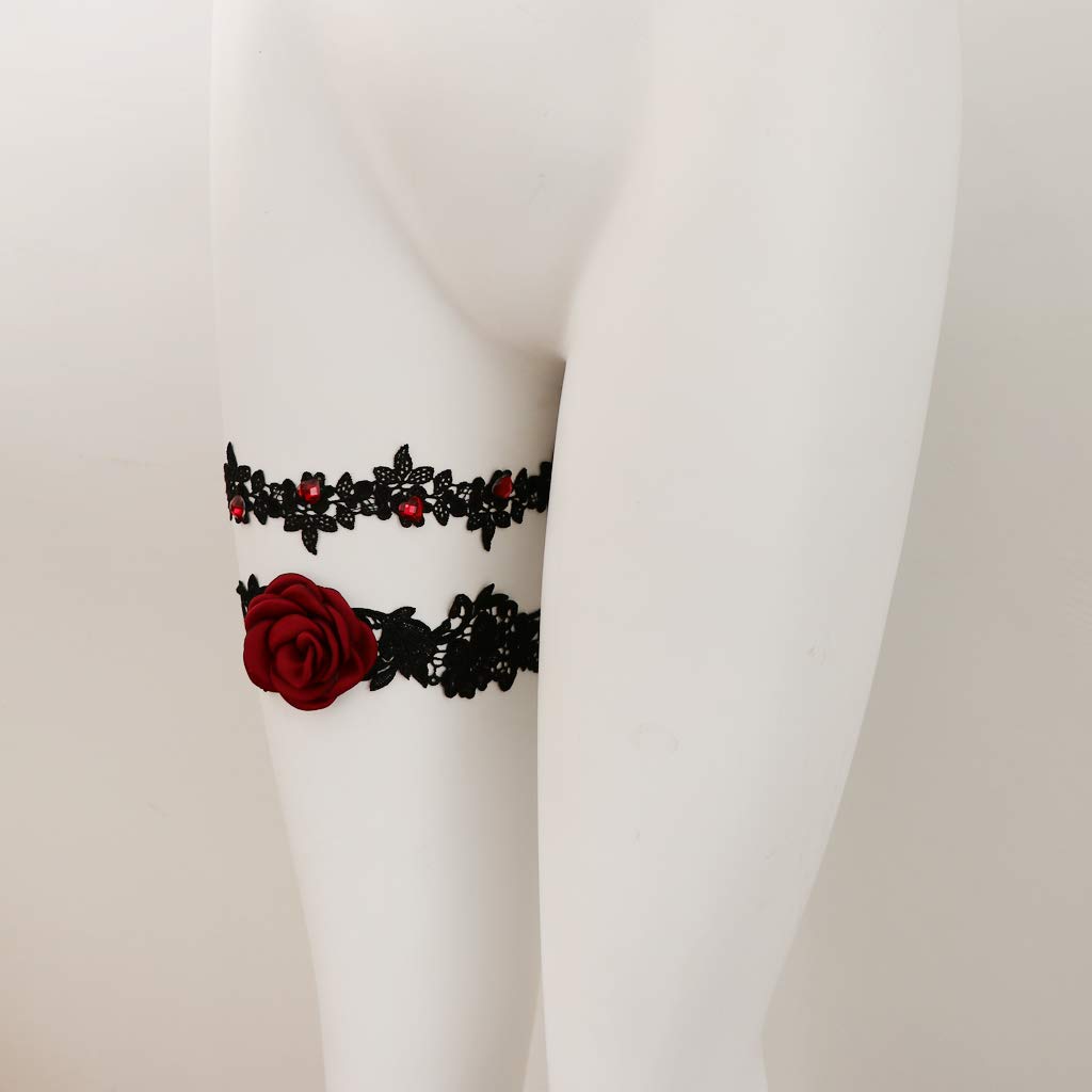 PETSOLA 2 St/&uuml; Lace Strumpfb/&auml;nder Mit Roter Rose Hochzeit Braut Kost/&uuml;m Zubeh/&ouml;r Schwarz