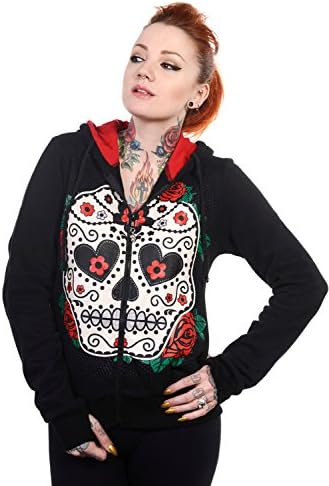 Banned Gothic Day of the Dead Flower Sugar Skull &amp; Rose Women's Hoodie Jacket (M)