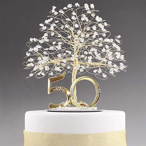 50th Anniversary Cake Topper Centerpiece in Gold Tone Wire with Quartz Crystal and
