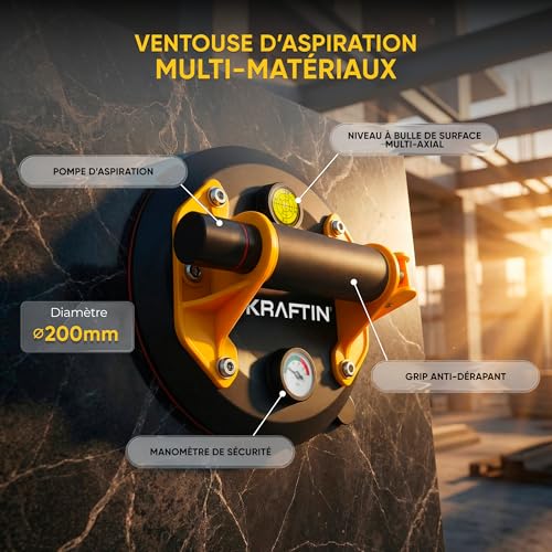 KRAFTIN Suction Cup Tile Vacuum Pump Diameter 200 mm 150 kg – Double Layer Rubber High Adhesion – Bubble Level + Pressure Gauge – Non-Slip Handle – Professional – Ceramic, Marble, Glass