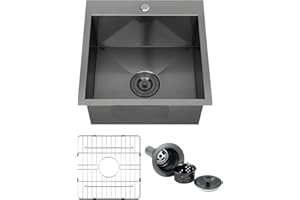 FRANIC 18" Handmade Black Bar Workstation Sink, 18" x 18" x 9" Stainless Steel Matte Nano Black Topmount Single Bowl Small Kitchen Outdoor Sink