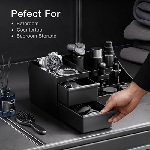 DancesCat Black Cosmetic Organiser for Men, Dressing Table Makeup Organiser with Drawers, Skincare Organiser Storage Box, Ideal Perfume Stand for Mens Bedroom&Bathroom Accessories (Matte Black)