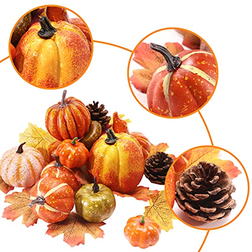 BigOtters Artificial Pumpkins, 10PCS Decorative Pumpkins Fake Pumpkin with Pine Cone and Maple Leaves for Halloween Fall Garland Thanksgiving Table Decorations