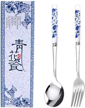 Elegant Stainless Steel Spoon and Fork Set with Blue-and-white Porcelain Handle, Classic Chinese Style, Gift-packaged as Perfect Gift for Share