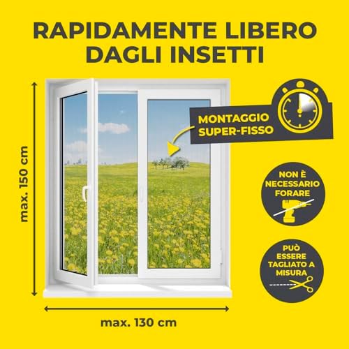 Zanzariera per finestre con Magic Click | Tagliata individualmente su misura per tutte le finestre fino a 150 x 130 cm | Facile installazione con 12 magneti - senza forare o avvitare [Nero]