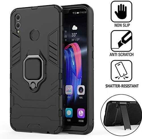 Ptny 2 in 1 Ring Magnetic Bumper Compatible Huawei Honor 8X Case, Tough PC + TPU Soft Silicone Dual Layer Heavy Duty Armor Kickstand Protective Cover[Plate for Magnetic Car Mount] [Black]