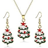 MALOYANVE Christmas Tree Earring Necklace Set for Women Green Enamel Tree Earrings and Necklace Red Stars Balls Gold Plated Festive Party Gifts