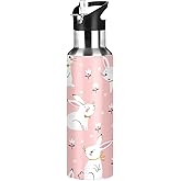 Cute Floral Bunny Water Bottle Thermos with Straw Rabbit Animals School Vacuum Insulated Stainless Steel Thermos Bottle Cup Leakproof Sport Travel Cup Mug Handle for Women Men Biking 20Oz