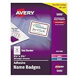 Avery White Adhesive Name Badges with Red Border, 2-1/3 x 3-3/8, Box of 400 (5095)