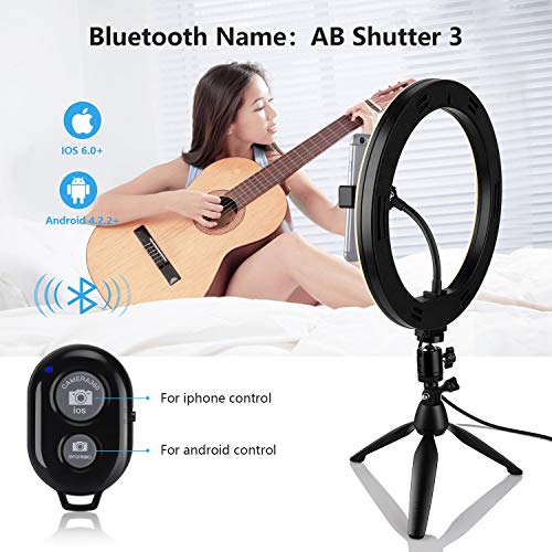 LED 10” Ring Light with Tripod Stand & Phone Holder for Tik Tok & Live Streaming, Dimmable USB Powered Desktop Makeup Ring Lights with 3 Color & 10 Brightness for Youtube Video Photography Shooting