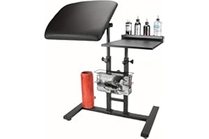 QUTUNI Tattoo Armrest Stand with Tattoo Supplies Storage Board, Tattoo Workbench with Adjustable Height & Tilt Leather Pad, Portable Tattoo Bracket for Tattoo Studio Salon