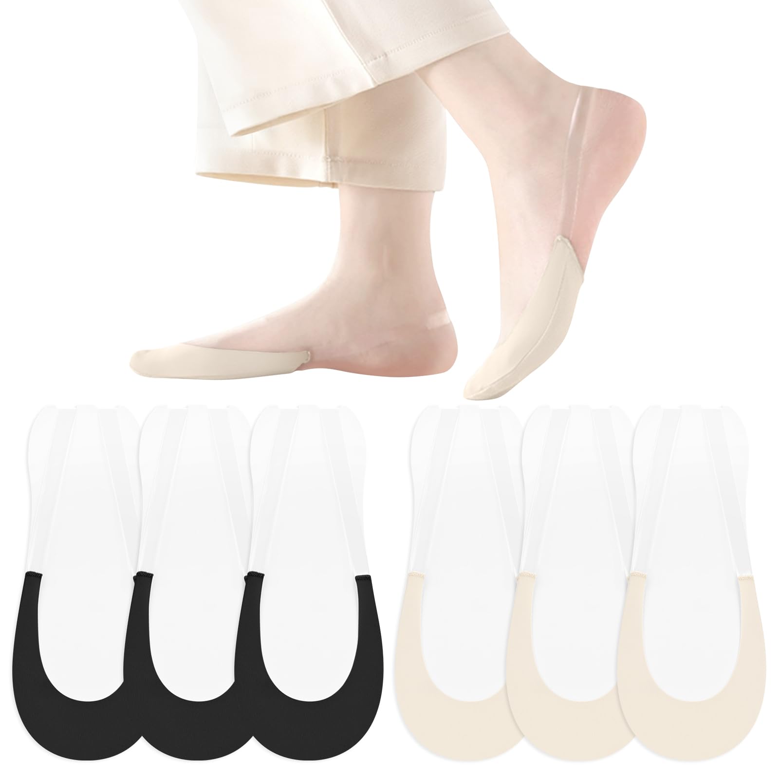 Photo 1 of FIYIGO No Show Socks with Invisible Sling Back Womens, 6 Pairs Low Cut Half Toe Topper Socks with Non-Slip Straps for Heels - ?3Nude 3Black?