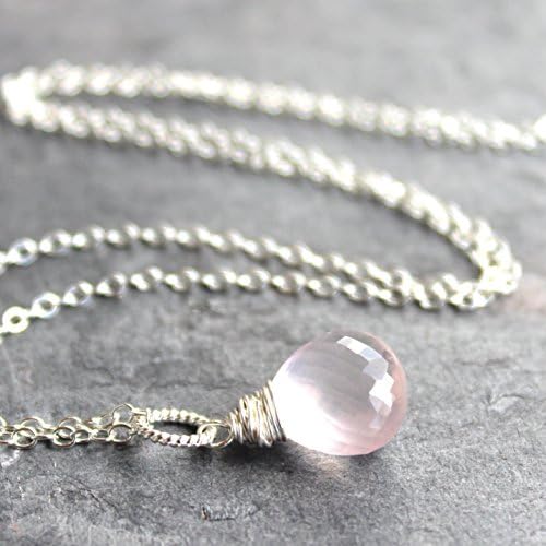 Petite Rose Quartz Necklace Pink Pendant Drop Sterling Silver Gemstone Faceted 18 Inches