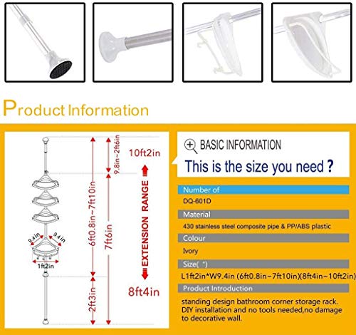foshan Shower Caddy, 4 Tier Shower Corner Caddy Stainless Steel Pole Tower Organizer Basket Height Adjustable Among 4.5 to 9.3ft (Stainless Steel)