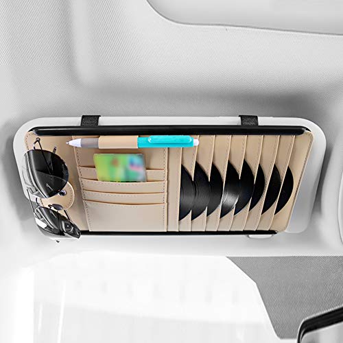 Car Sun Visor CD Organizer, 8 Pockets CD, DVDs Storage Case, Sunglasses & Pen Holder, Registration, Document and Ticket Holder, Personal Belonging Storage Pouch(Beige)